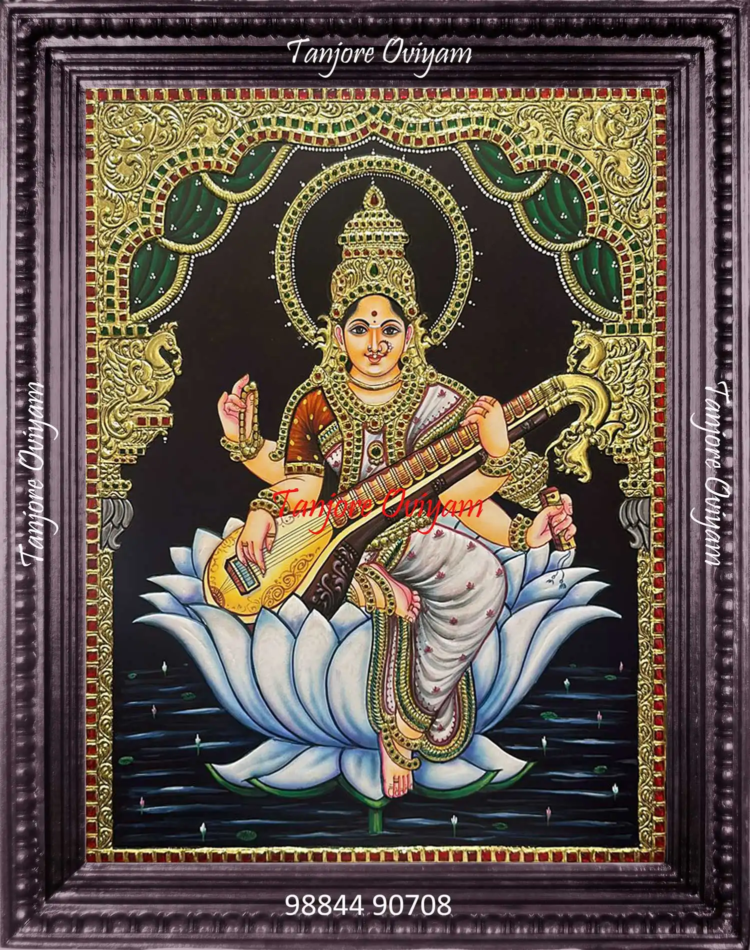 Authentic Saraswathi Tanjore painting of Goddess Saraswathi seated on a lotus with veena and gold foil detailing